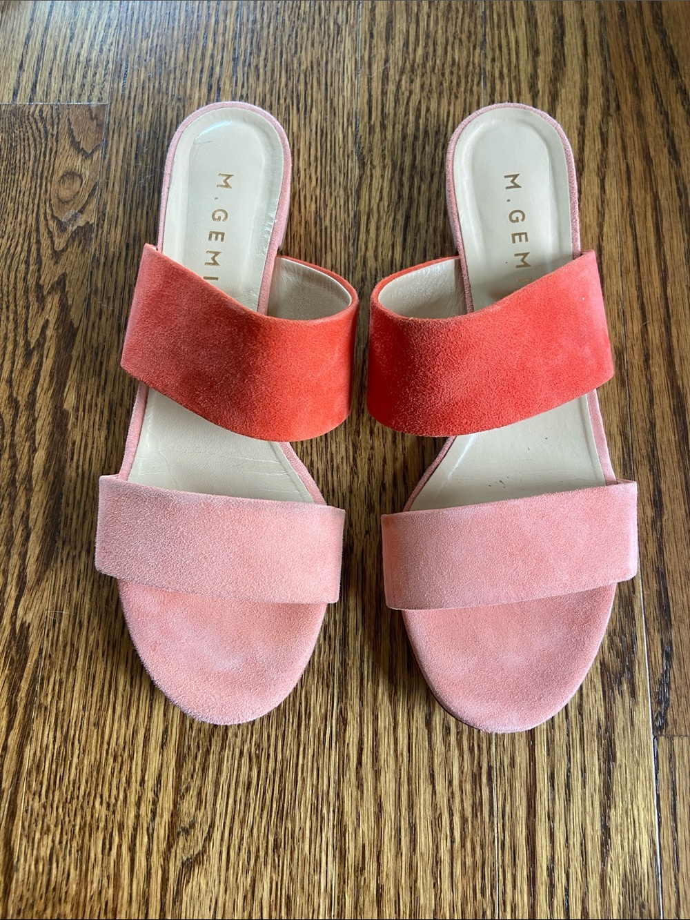 M. Gemi Two-Tone Coral and Pink Suede Slides